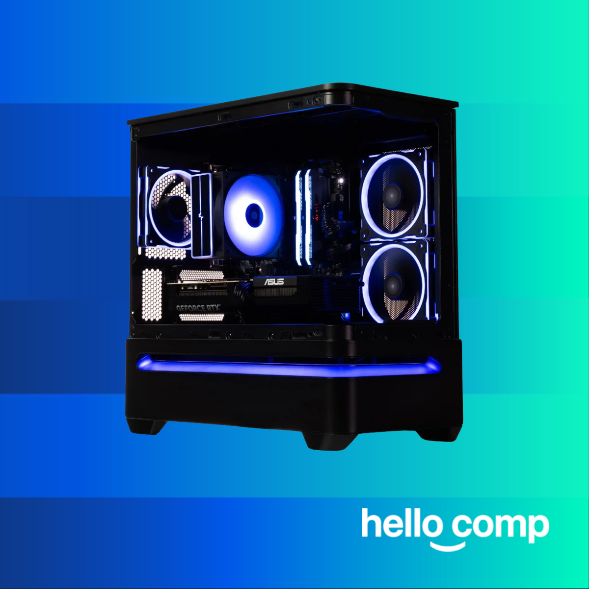 Black gaming PC with a transparent side panel showing blue LED fans and components, set against a blue-to-teal gradient background; hello comp logo in corner.